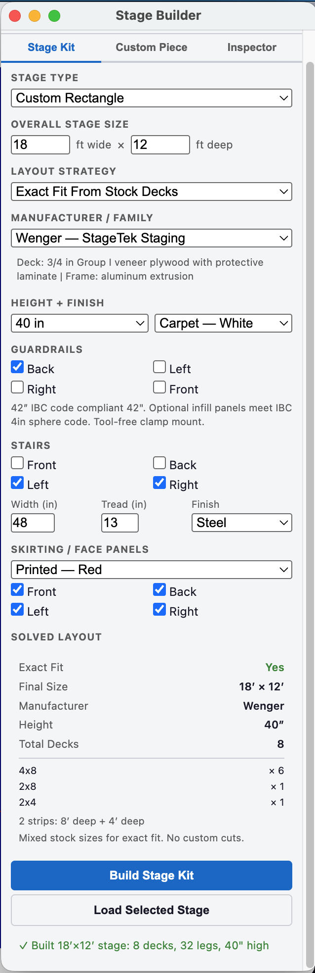Stage Builder inspector panel